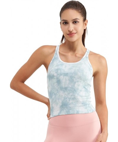 Ribbed Workout Short Racerback Tank Tops for Women with Built in Bra Tie Dye Tidal Teal $12.04 Activewear