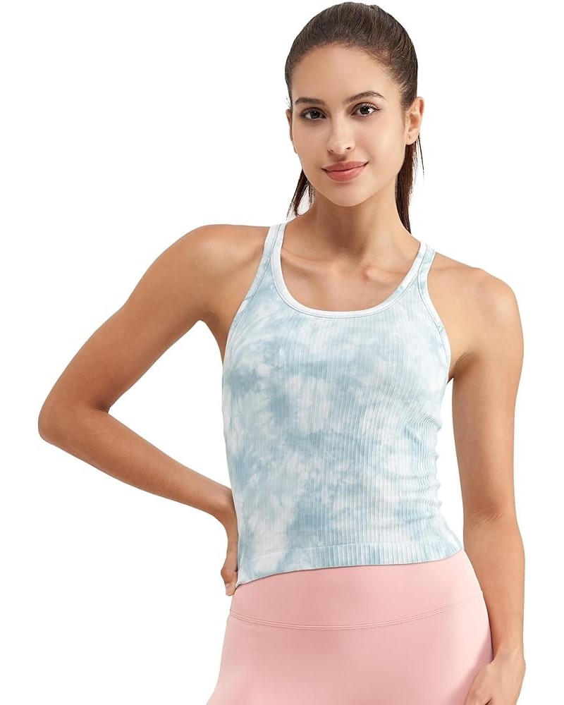 Ribbed Workout Short Racerback Tank Tops for Women with Built in Bra Tie Dye Tidal Teal $12.04 Activewear