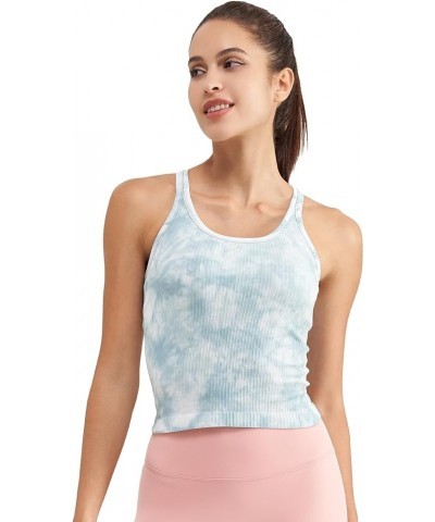 Ribbed Workout Short Racerback Tank Tops for Women with Built in Bra Tie Dye Tidal Teal $12.04 Activewear