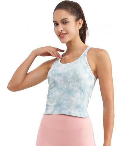 Ribbed Workout Short Racerback Tank Tops for Women with Built in Bra Tie Dye Tidal Teal $12.04 Activewear