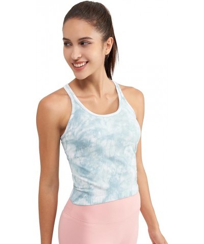 Ribbed Workout Short Racerback Tank Tops for Women with Built in Bra Tie Dye Tidal Teal $12.04 Activewear