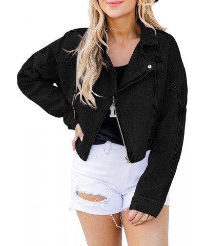 Womens Cropped Denim Jacket Long Sleeve Zip Up Distressed Jean Shirt Coats Black $12.31 Jackets