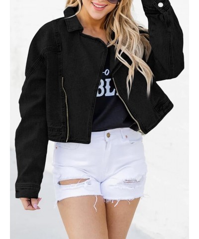 Womens Cropped Denim Jacket Long Sleeve Zip Up Distressed Jean Shirt Coats Black $12.31 Jackets