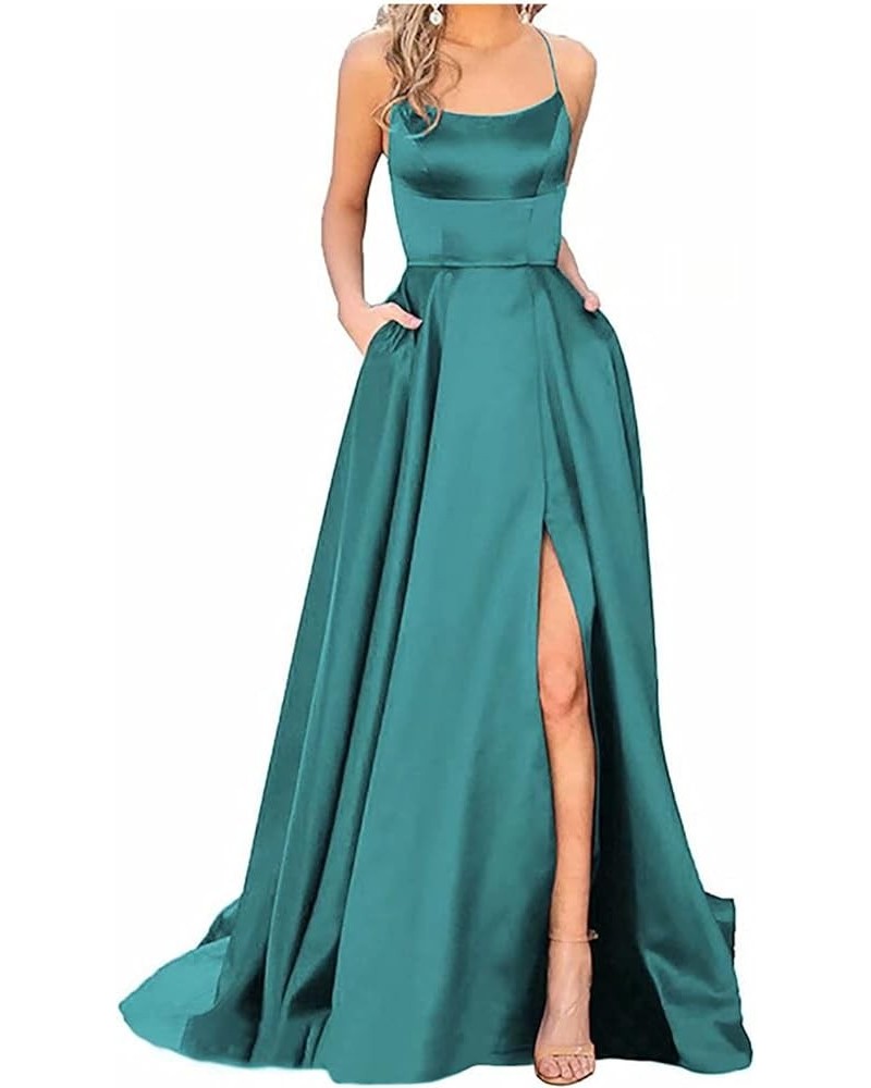 Dresses for Women 2024 Backless Satin Strap Party Long Dress Side Slit Wedding Dress with Pockets 1-mint Green $19.37 Dresses