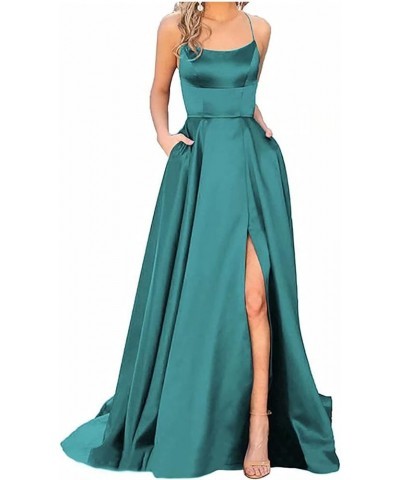 Dresses for Women 2024 Backless Satin Strap Party Long Dress Side Slit Wedding Dress with Pockets 1-mint Green $19.37 Dresses