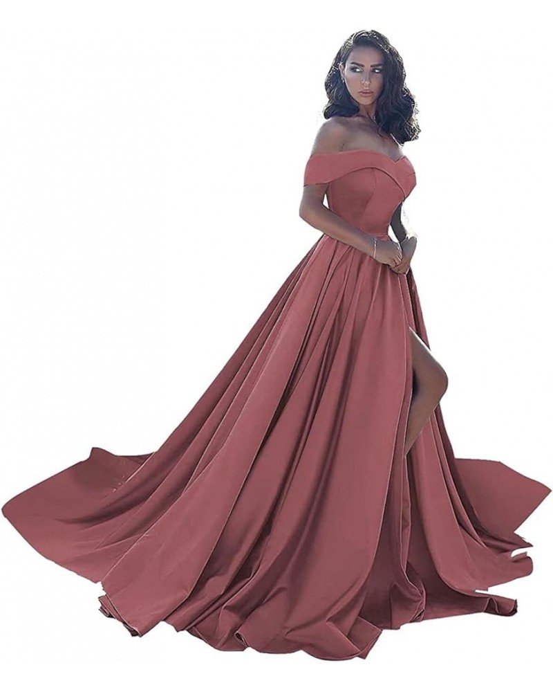 Women's Off The Shoulder Prom Dresses 2023 Long Satin Ball Gown Strapless Formal Evening Dresses with Slit Desert Rose $39.60...