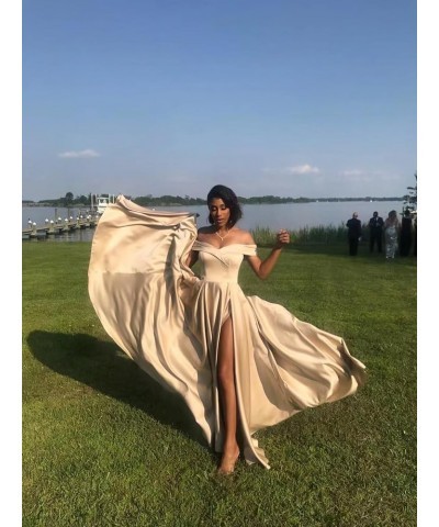 Women's Off The Shoulder Prom Dresses 2023 Long Satin Ball Gown Strapless Formal Evening Dresses with Slit Desert Rose $39.60...