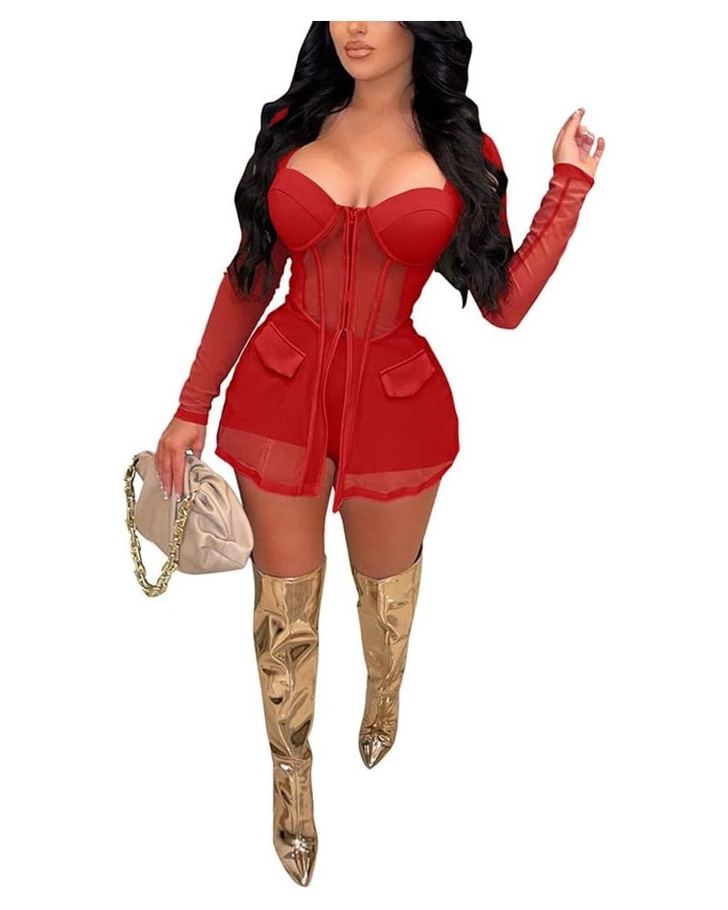 Women's Sheer Mesh 2 Pieces Club Outfits - Zip Up Long Sleeve Shirt Dress + Skinny Shorts Jumpsuits Set Red $17.22 Dresses