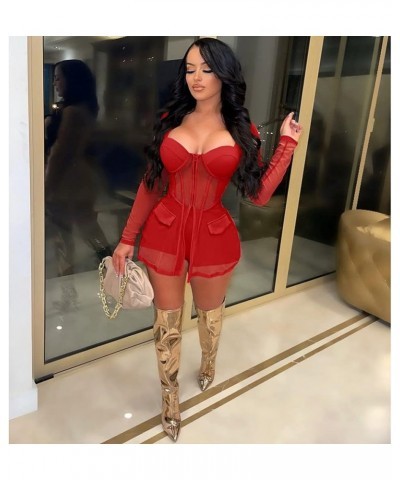 Women's Sheer Mesh 2 Pieces Club Outfits - Zip Up Long Sleeve Shirt Dress + Skinny Shorts Jumpsuits Set Red $17.22 Dresses