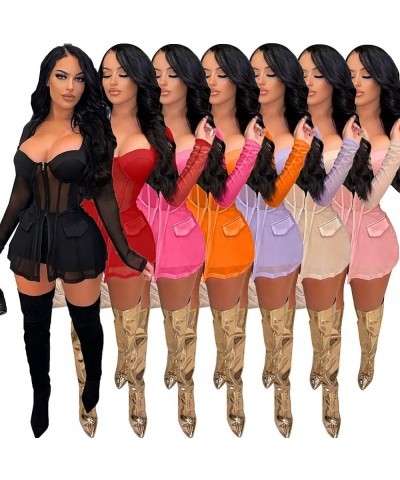 Women's Sheer Mesh 2 Pieces Club Outfits - Zip Up Long Sleeve Shirt Dress + Skinny Shorts Jumpsuits Set Red $17.22 Dresses