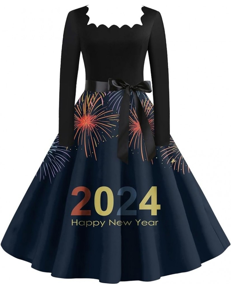 Women's New Years Eve Dress Vintage Classic Dress Long Sleeve 2024 New Year Printed Square Neck Swing Dress 2-dark Blue $12.6...