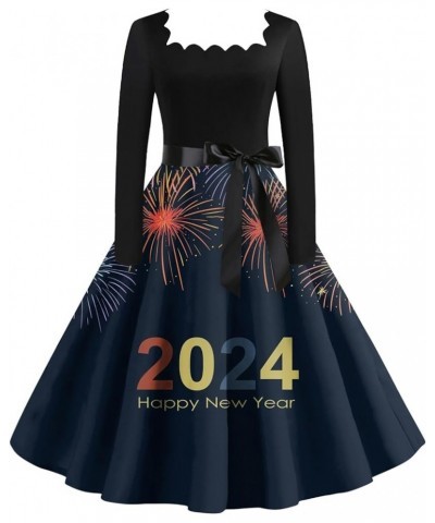 Women's New Years Eve Dress Vintage Classic Dress Long Sleeve 2024 New Year Printed Square Neck Swing Dress 2-dark Blue $12.6...