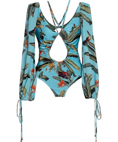 Women's Long Sleeve Bathing Suit, Floral Print Backless One Piece Swimsuit Puff Sleeve Bathing Suit Swimwear Bikini-8 $16.15 ...