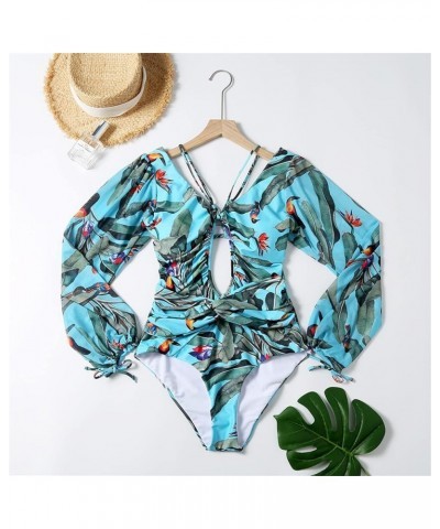 Women's Long Sleeve Bathing Suit, Floral Print Backless One Piece Swimsuit Puff Sleeve Bathing Suit Swimwear Bikini-8 $16.15 ...