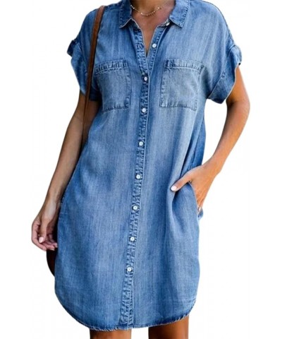 Women's Short Sleeve Denim Shirt Midi Dress Button Down Tunic Jean Dress with Pockets Light Blue $16.65 Dresses