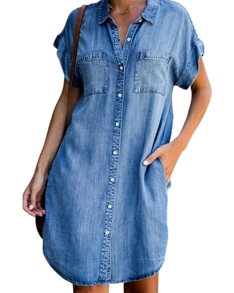 Women's Short Sleeve Denim Shirt Midi Dress Button Down Tunic Jean Dress with Pockets Light Blue $16.65 Dresses