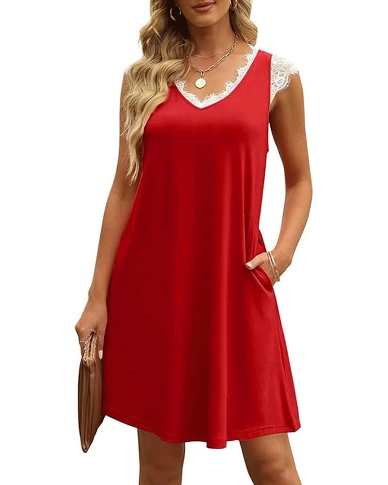 Women's Midi T-Shirt Tank Dress Casual Loose Sundresses with Pockets A-red $14.57 Dresses