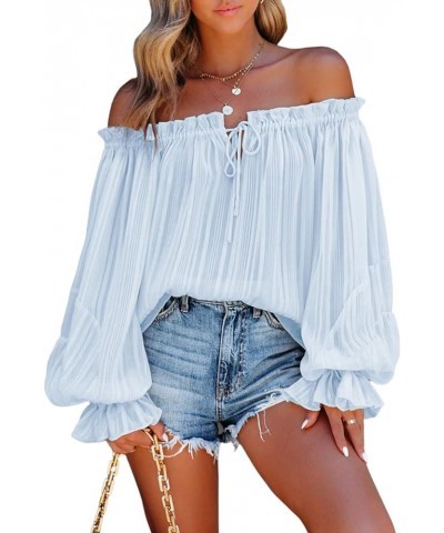 Women's Sexy Striped Off Shoulder Ruffle Drawstring Long Sleeve Blouses Casual Chiffon Shirt Top A Sky Blue $20.64 Blouses