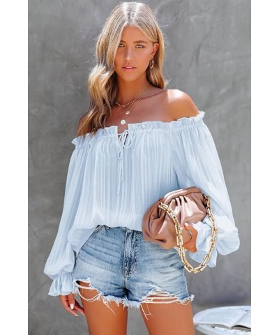 Women's Sexy Striped Off Shoulder Ruffle Drawstring Long Sleeve Blouses Casual Chiffon Shirt Top A Sky Blue $20.64 Blouses