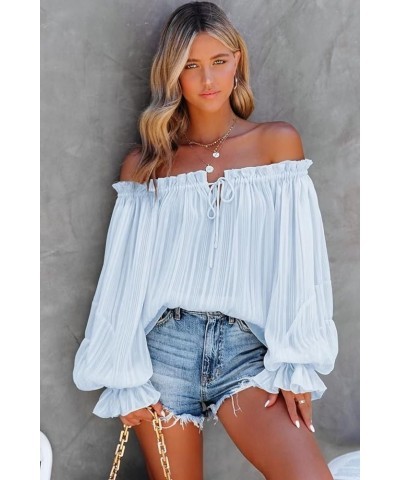 Women's Sexy Striped Off Shoulder Ruffle Drawstring Long Sleeve Blouses Casual Chiffon Shirt Top A Sky Blue $20.64 Blouses