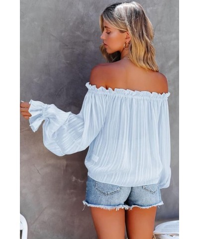 Women's Sexy Striped Off Shoulder Ruffle Drawstring Long Sleeve Blouses Casual Chiffon Shirt Top A Sky Blue $20.64 Blouses