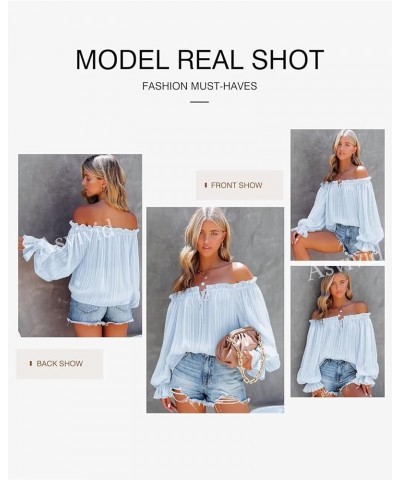 Women's Sexy Striped Off Shoulder Ruffle Drawstring Long Sleeve Blouses Casual Chiffon Shirt Top A Sky Blue $20.64 Blouses