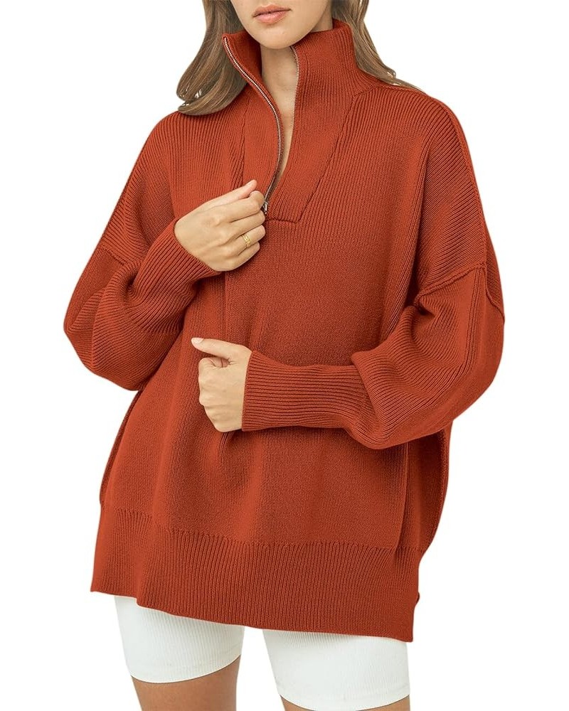 Womens Oversized Sweaters 2023 Quarter Zip Collar Long Sleeve Drop Shoulder Rib Knit Casual Slouchy Pullover Tops Rust Red $1...