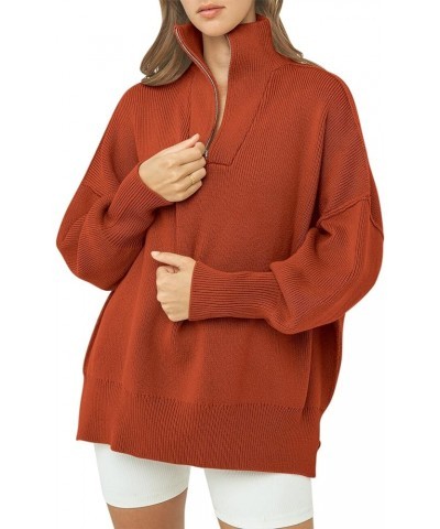 Womens Oversized Sweaters 2023 Quarter Zip Collar Long Sleeve Drop Shoulder Rib Knit Casual Slouchy Pullover Tops Rust Red $1...