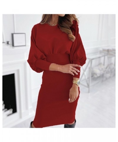 Womens Bodycon Pencil Dress Lantern Long Sleeve Elastic High Wasit Formal Midi Dress Elegant Business Office Lady Dress Wine ...