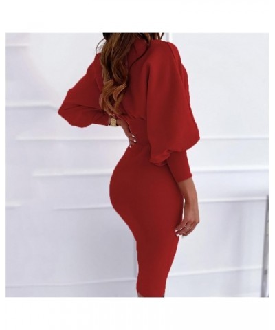 Womens Bodycon Pencil Dress Lantern Long Sleeve Elastic High Wasit Formal Midi Dress Elegant Business Office Lady Dress Wine ...