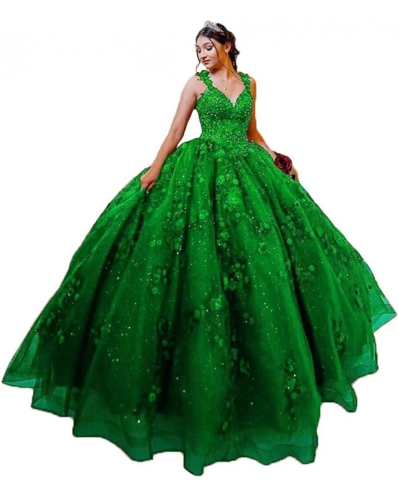 Woman's V-Neck Quinceanera Dresses Ball Gown Sparkly Tulle 3D Flower Applique Sweet 15 16 Dresses Prom Party Dresses Green $4...