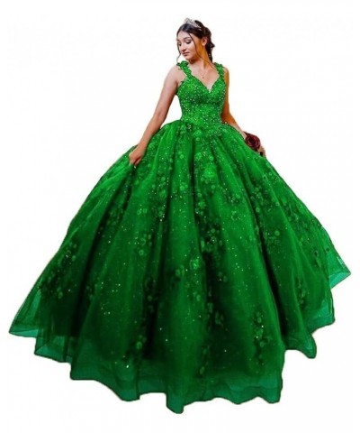 Woman's V-Neck Quinceanera Dresses Ball Gown Sparkly Tulle 3D Flower Applique Sweet 15 16 Dresses Prom Party Dresses Green $4...