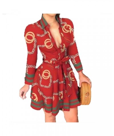 Shirt Dresses for Women Sexy Casual Chain Print Long Sleeve Blouses Loose Rq Red $13.49 Dresses