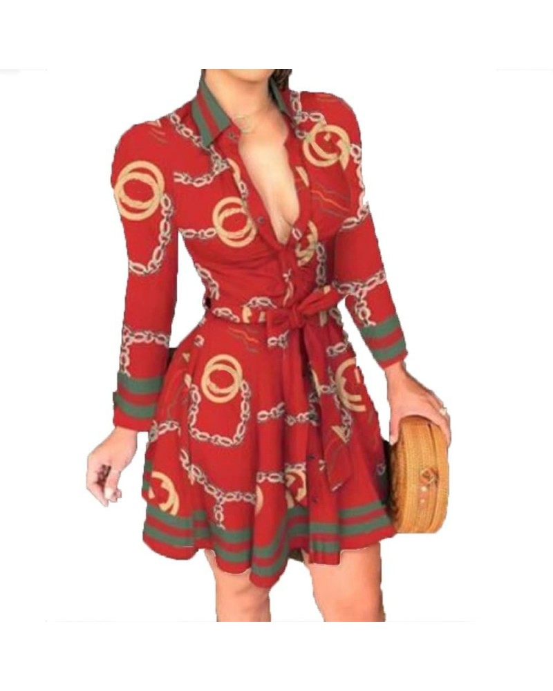 Shirt Dresses for Women Sexy Casual Chain Print Long Sleeve Blouses Loose Rq Red $13.49 Dresses