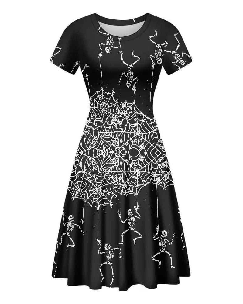 Women Short Sleeve Casual Dress Flared Midi Dress for Party Work Net Skull $13.43 Dresses