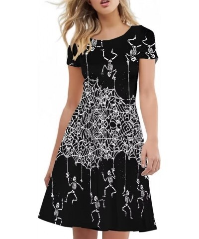 Women Short Sleeve Casual Dress Flared Midi Dress for Party Work Net Skull $13.43 Dresses