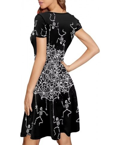 Women Short Sleeve Casual Dress Flared Midi Dress for Party Work Net Skull $13.43 Dresses