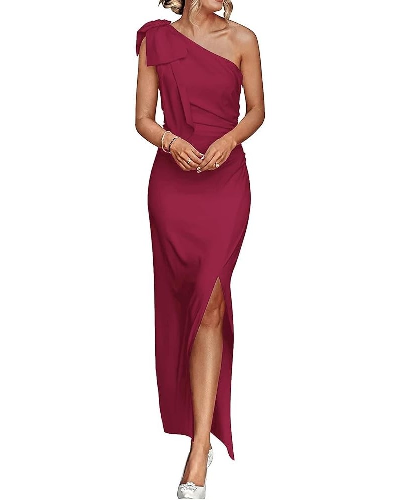 Women's Bow One Shoulder Sleeveless Ruched Split Flared Bodycon Party Maxi Dress Rose $28.04 Dresses