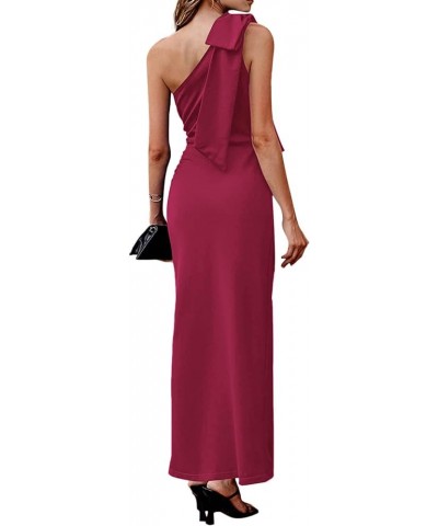 Women's Bow One Shoulder Sleeveless Ruched Split Flared Bodycon Party Maxi Dress Rose $28.04 Dresses