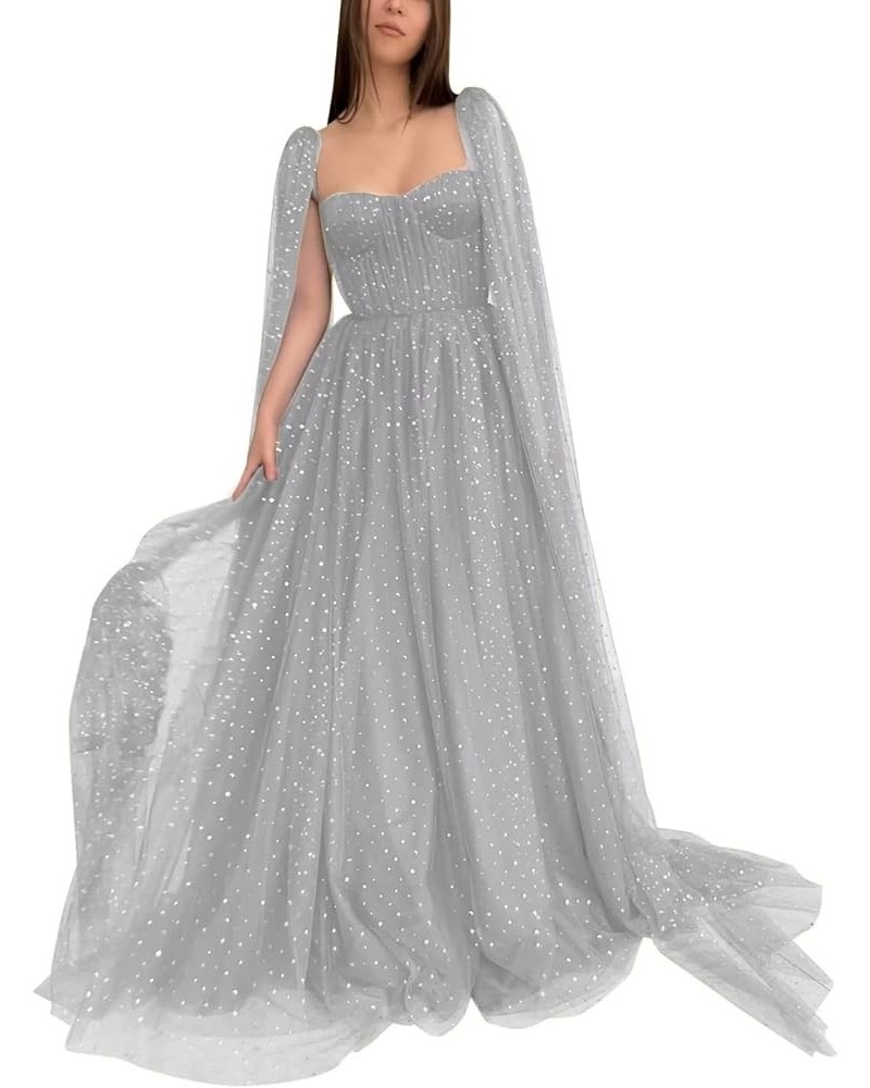 Sparkle Tulle Prom Dresses Cape Sleeve Starry Formal Evening Party Gowns Long Light Grey-sweetheart $40.50 Dresses