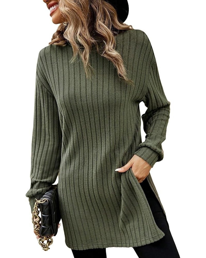 Women's Mock Turtle Neck Long Sleeve Tops T Shirts Rib Knit Split Hem Casual Loose Tees Plain Army Green $10.99 T-Shirts