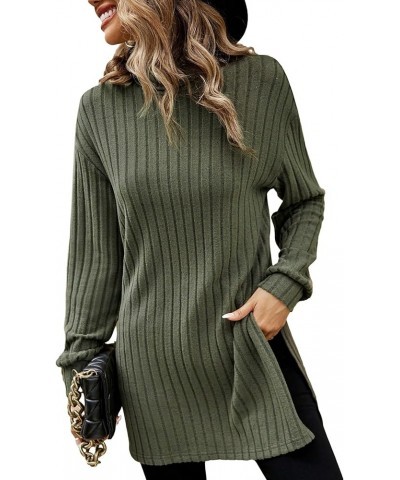 Women's Mock Turtle Neck Long Sleeve Tops T Shirts Rib Knit Split Hem Casual Loose Tees Plain Army Green $10.99 T-Shirts