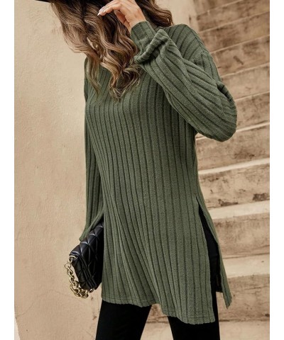 Women's Mock Turtle Neck Long Sleeve Tops T Shirts Rib Knit Split Hem Casual Loose Tees Plain Army Green $10.99 T-Shirts