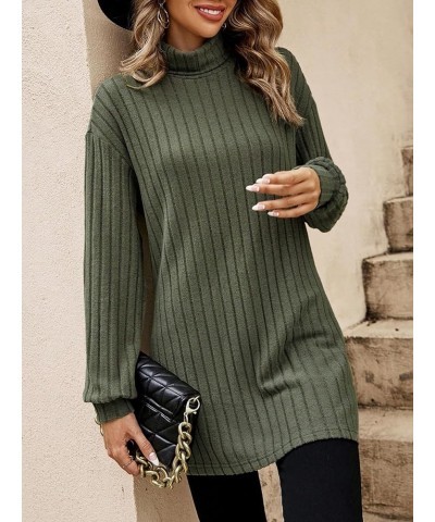 Women's Mock Turtle Neck Long Sleeve Tops T Shirts Rib Knit Split Hem Casual Loose Tees Plain Army Green $10.99 T-Shirts