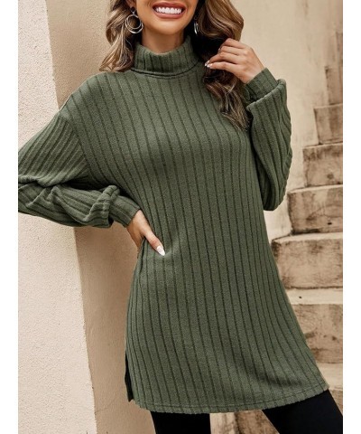 Women's Mock Turtle Neck Long Sleeve Tops T Shirts Rib Knit Split Hem Casual Loose Tees Plain Army Green $10.99 T-Shirts