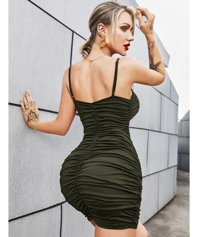 Women's Dress Sexy Spaghetti Strap V Neck Ruched Bodycon Mini Party Dress S-XXL Army Green $7.50 Dresses