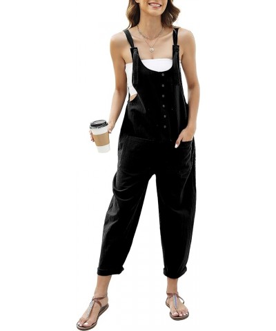 Women's Cotton Linen Overalls Casual Summer Jumper Tie Straps Bib Baggy Wide Leg Jumpsuits with Pockets Black $16.11 Overalls