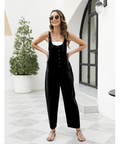 Women's Cotton Linen Overalls Casual Summer Jumper Tie Straps Bib Baggy Wide Leg Jumpsuits with Pockets Black $16.11 Overalls