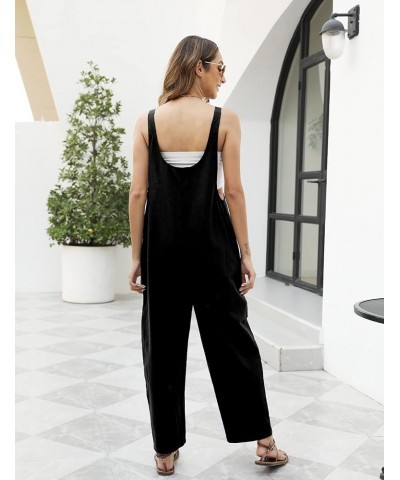 Women's Cotton Linen Overalls Casual Summer Jumper Tie Straps Bib Baggy Wide Leg Jumpsuits with Pockets Black $16.11 Overalls