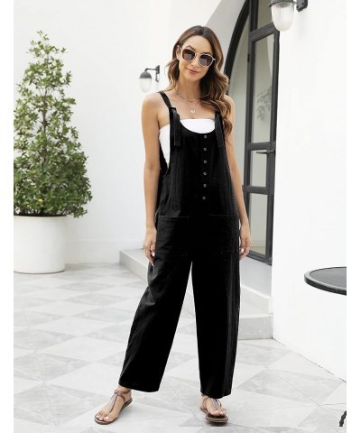 Women's Cotton Linen Overalls Casual Summer Jumper Tie Straps Bib Baggy Wide Leg Jumpsuits with Pockets Black $16.11 Overalls